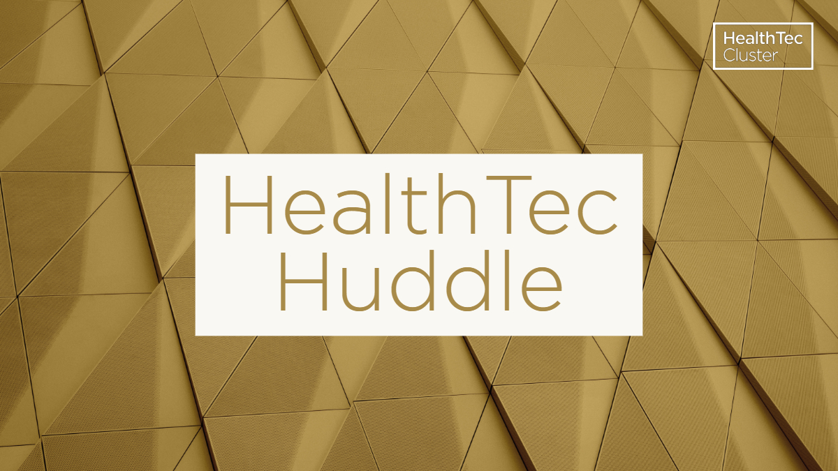 The HealthTec Huddle sits on a gold triangle background